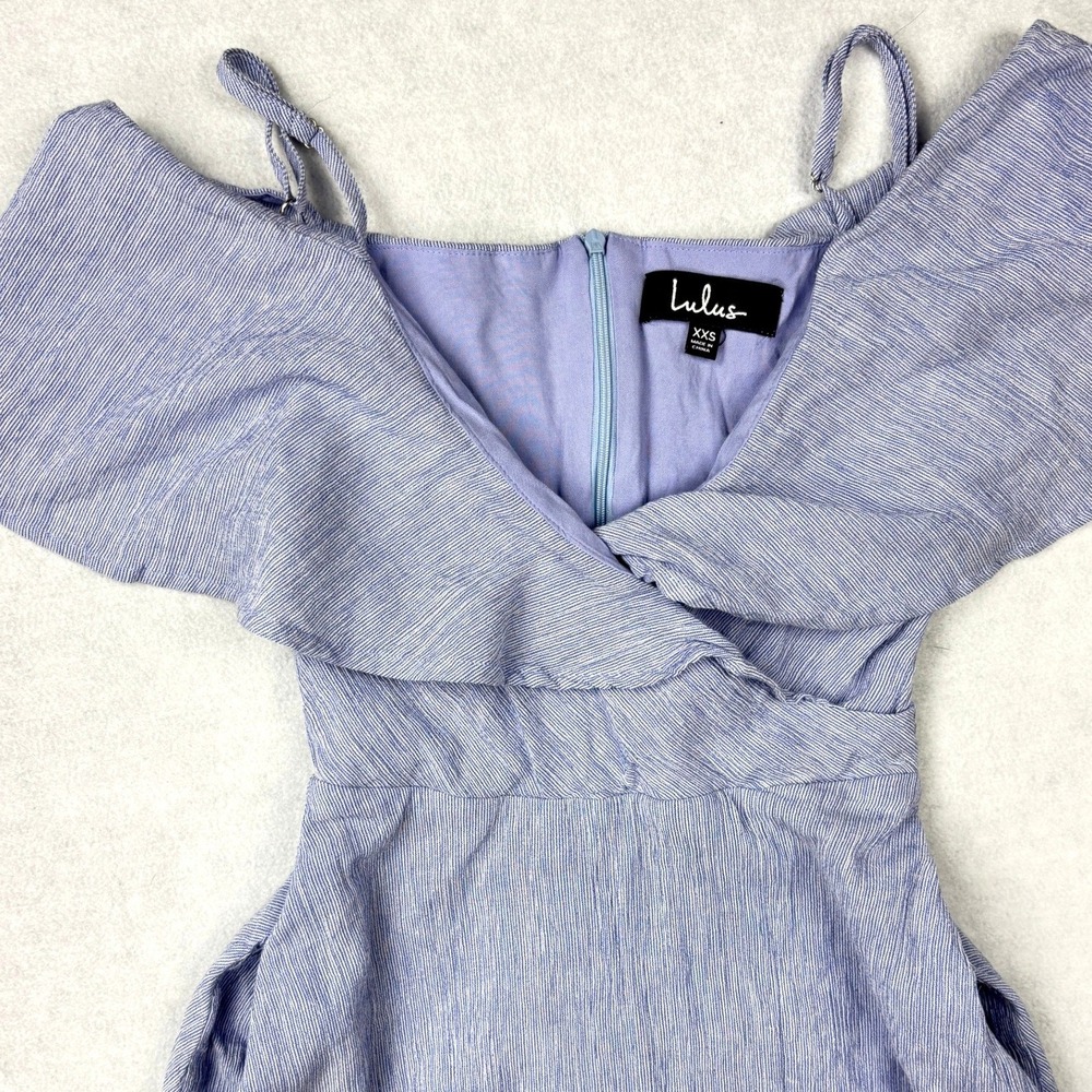 Lulus Blue Striped Cold Shoulder Ruffle Midi Dress JD7498 XXS Periwinkle White‎ - Picture 2 of 10